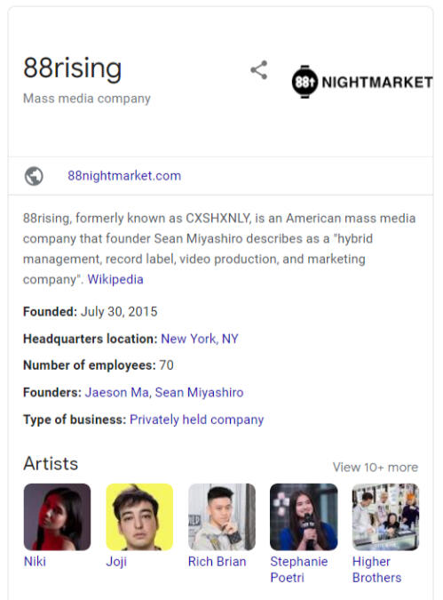 88rising, formerly known as CXSHXNLY, is an American mass media company by founder Sean Miyashiro.